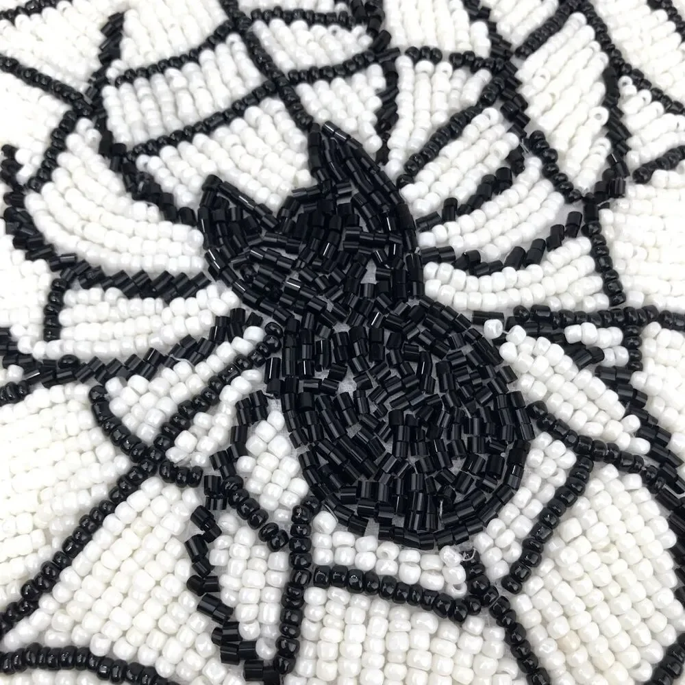 Noir Night Black Spiderweb White Beaded 16” Halloween Decor Accent Throw Pillow